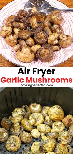 an air fryer filled with garlic mushrooms on top of a white and red plate