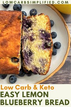 low carb and keto lemon blueberry bread on a white plate with text overlay