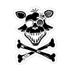 a black and white sticker with an image of a dog wearing eye glasses, skull bones