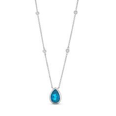 This Pear Shape Blue Topaz Necklace is a stunning shade of blue, complemented by brilliant round diamonds set in bezels evenly spaced along a delicate 14K white gold chain. Blue Diamond Necklace, Diamonds Direct, White Gold Chain, Round Diamond Setting, Blue Topaz Necklace, Topaz Necklace, Pear Shape, Pear Shaped, Shades Of Blue