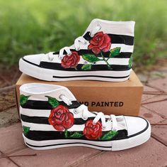 "⭐ FREE SHIPPING ⭐ Extremely comfortable four roses bridal shoes. A perfect custom wedding gift made to last and to impress - a truly original way to express oneself and to inspire new fashion trends on the go. Add your personalization: If you want to add some personal touch to this design, do let us know at the time of ordering in the \"Note\" section. Design a custom pair of your choice today! Our focus is, as ever, on providing you with fashionable and well-made customized hand-painted sneake Wedding Sneakers For Bride, Girlfriend Proposal, Gift Ideas For Girlfriend, Shoes For Brides, Ideas For Girlfriend, Section Design, Custom Wedding Shoes, Bridal Sneakers, Painted Sneakers