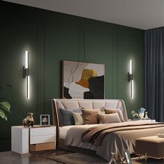 a large bed sitting next to a window in a room with green walls and furniture