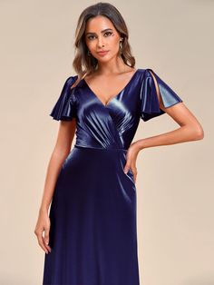 Elevate your evening look with this stunning Ruffles Sleeve A-Line Pleated Satin Back V-Neck Evening Dress. Its sophisticated design, featuring ruffled sleeves and a pleated A-line skirt, exudes elegance and class. The satin back fabric adds a touch of luxury, making it perfect for formal occasions. Whether attending a gala or a cocktail party, this dress is sure to turn heads. Fit: Please refer to size chart. Length: Floor length. Sleeve Style: Short sleeves. Closure: It is concealed a zipper u Summer Evening Dress, Satin Evening Dress, Formal Maternity Dress, Satin Evening Gown, Pink Dress Short, Ladies Day Dresses, Sparkly Prom Dresses, A Line Evening Dress, Satin Evening Dresses