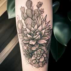 a black and white photo of a plant with succulents on the leg