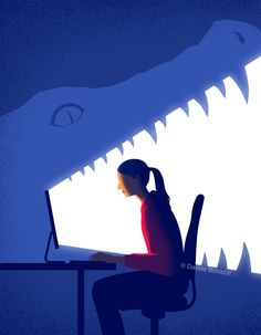 a person sitting at a desk in front of a computer with a large shark head on it