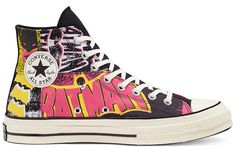 To celebrate the 80th anniversary of Batman, Converse released a commemorative collection in October 2019. This Chuck 70 sneaker presents a punk rock spin on a vintage Batman logo and Pop Art graphics on the canvas upper. The Bat-Signal replaces the license plate on the left shoe's heel patch. An All-Star ankle patch and vulcanized rubber sole complete the classic styling. The high-top silhouette is perfect for showing off your Bat-pride, whether you're saving Gotham City or just running errands Multicolor Logo Print Sneakers For Streetwear, Converse Graphic Print Sneakers For Streetwear, Converse Sneakers With Graphic Print For Streetwear, Retro Yellow High-top Sneakers With Rubber Sole, Retro Converse Sneakers For Sports, Retro Yellow Sneakers With Vulcanized Sole, Retro Converse Sneakers For Streetwear, Converse Lace-up Sneakers With Graphic Print, Converse Sneakers With Graphic Print And Lace-up