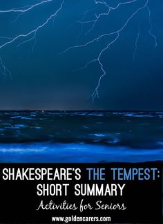 the words shakespeare's the tempestfest short summary activities for seniors are in front of a dark blue ocean with lightning