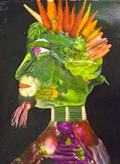 a collage of vegetables in the shape of a human head on a black background