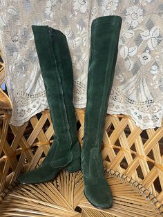 Beautiful and rare vintage late 60s to early 70s suede boots in rare forest green colour. Saks Fifth Avenue label. Calf-hugging fitted shape which come up just over the knee and dip down at the back very similar to Biba boots of this era.  Two-inch block heels which are squared off at the back. The chunky metal full length zips open almost right down to the sole. Size: Marked 6.5 M. Fit like a modern UK5 and do have a very narrow fit on the calves. PLEASE check measurements carefully, as follows: Length of insole following the curve: approx. 10 inches (25.5cm) Width of insole (widest part of sole at the ball of the foot): approx 3 inches (8cm) Height of heel at the back: approx. 2 inches (5cm) Width of vamp (over the top of the foot at the highest part before your leg) 9 inches (23cm) Ankl Suede Fall Boots, Thrift Manifestation, 70s Boots, Blue Suede Boots, Barefoot Boots, Knee High Platform Boots, Suede Chukka Boots, Summer Boots, Daisy Jones