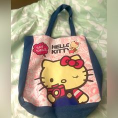 Hello Kitty Denim Bag Not Used With Tag Pink And Blue Color, Inside Is Nylon And Pink In Color. Cute Blue Cotton Bags, Fun Pink Cotton Bag, Playful Pink Cotton Bag, Casual Pink Bag With Hello Kitty Print, Hello Kitty School Bag, Sanrio Backpack, Hello Kitty School, Accessories Hello Kitty, Sanrio Bag