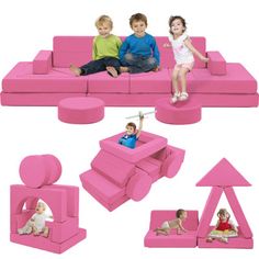 three children sitting on a pink couch with different shapes and sizes to fit into it