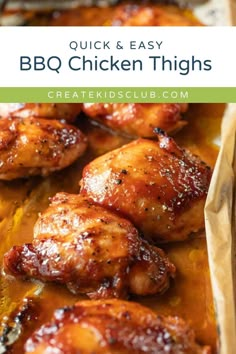 bbq chicken thighs in a baking pan with text overlay