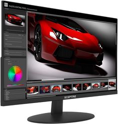 a computer monitor with an image of a red sports car on the screen