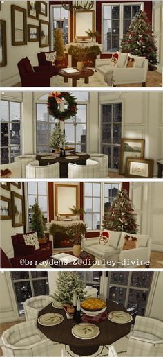 four different views of a living room with christmas decorations on the table and couches