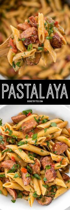 pasta with sausage and parsley in a white bowl