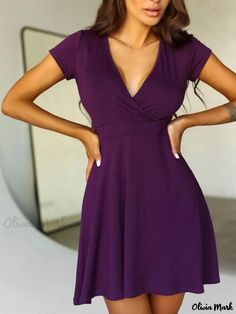 Olivia Mark - Solid Color Short-Sleeve Casual Home Swing Knit Dress Dress Collar, Casual Home, Fairy Dress, Daily Dress, Color Shorts, Types Of Skirts, Collar Dress, Olivia Mark, Purple Dress