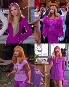 four pictures of women in purple outfits and one is talking on the phone