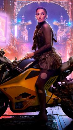 a woman sitting on top of a yellow motorcycle