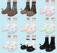 six pairs of women's socks with different colors and designs on the feet, all in