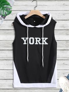 Black Casual  Sleeveless Polyester Colorblock,Letter  Embellished Slight Stretch  Men Tops Mens Casual Dress, Men Tops, Block Lettering, Mens Casual, Colour Block, Cool Tees, Black Casual