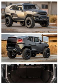 four different views of the front and rear sides of a truck