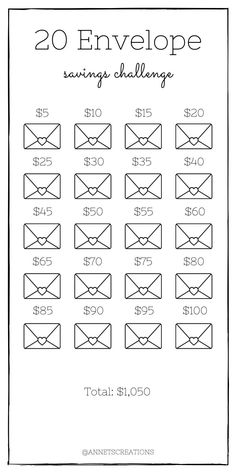 an envelope with 20 envelopes on it and the words, 20 envelope savings challenge