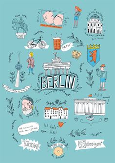 the berlin city map is drawn in blue and features landmarks, buildings, and people