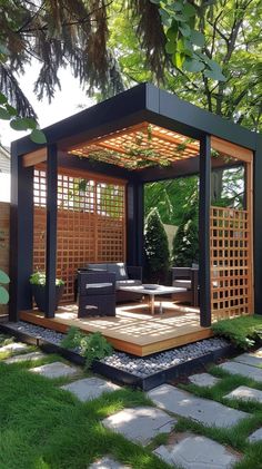 an outdoor living area with a wooden gazebo