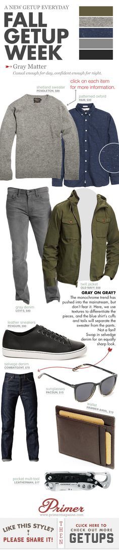 Blue flecked oxford button shirt, grey jeans, grey crew-neck sweater, olive green jacket, and  black sneakers. Gq Style, Mens Fashion Fall, Sharp Dressed Man, Mens Fall, Trendy Sneakers, Grey Jeans, Black Sneakers, Sport Sneakers, Running Shoes For Men