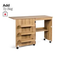 a wooden desk with three drawers on wheels