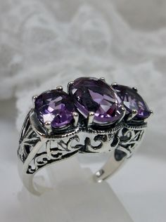 Natural Amethyst Ring, three stone, Sterling silver filigree, Art Deco jewelry Gemstone Art, Amethyst Jewelry, Deco Jewelry, Filigree Ring, Art Deco Era, East West, Art Deco Jewelry, Amethyst Ring, Cocktail Ring