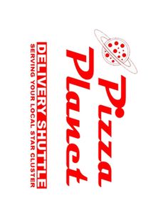 the pizza shop logo is shown in red and white, as well as an image of a