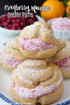 Light and airy cream puffs filled with cranberry mousse, stacked up on a plate, and dusted with powdered sugar. Cranberry Mousse, Cream Puff Dough, Cream Puff Filling, Mousse Filling, Cream Cheese Pastry, Cranberry Dessert, Cream Puff Recipe, Cheese Pastry, Puff Recipe