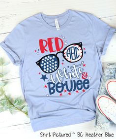 "✨Celebrate the USA in this fun and sassy Red White and Boujee Graphic Tees! Accented with your personal monogram, this T Shirt makes the perfect gift for her or anyone else that is special to you! 🛍️Design is also available on a beautiful, White, Cotton, Canvas Tote Bag and Racerback Tank Top! 📌 See Photo for Monogram Options ✏️Please include the following information in the PERSONALIZATION AREA at CHECKOUT so we can get your shirt exactly as you want it!! 1. Monogram Style (See Graphic or Li Red Pre-shrunk Shirt For 4th Of July, Patriotic Red Shirt For 4th Of July, Red Patriotic Shirt For Independence Day, Patriotic Red Shirt For Independence Day, Blue Shirt With Letter Print For Independence Day, Monogram T, Red And White Shirt, Monogram Shirt, Monogram T Shirts