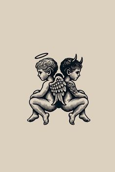 two cherubs with angel wings sitting on their knees, one holding the other