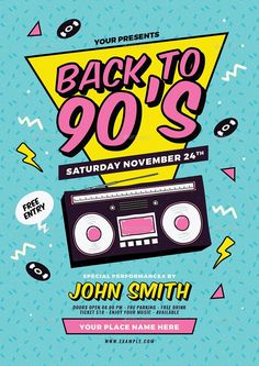 the back to 90's flyer is shown with an old school boombox on it