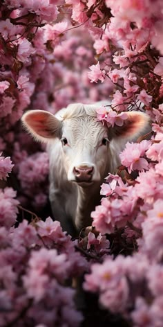 a baby cow peeking out from between pink flowers