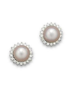 Cultured Akoya pearl stud earrings with a halo of diamonds set in 14K white gold. Kibbe Romantic, Romantic Jewellery, Exclusive Jewelry, Akoya Pearls, Pearl Diamond, Pearl Stud Earrings, Pearl Studs, Accessories For Women, Jewelry Sales