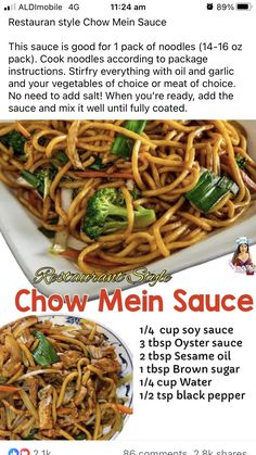 an ad for chow mein sauce with broccoli and noodles on the bottom right side