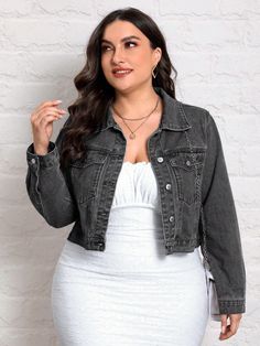 Plus Size Spring And Autumn Casual Denim Cropped Jacket Grey Casual  Long Sleeve Denim Plain Other Non-Stretch  Women Plus Clothing, size features are:Bust: ,Length: ,Sleeve Length: Denim Cropped Jacket, Stand Collar Top, Casual Cargo Pants, Long Sleeve Denim Jacket, Plus Size Spring, Plus Size Fall, Autumn Casual, Estilo Hip Hop, Jeans Casual