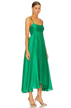 100% silk.  Made in USA.  Dry clean only.  Fully lined.  Hidden back zipper closure.  Adjustable shoulder straps.  Satin finish.  Shoulder seam to shortest hem measures approx 52" and to longest hem approx 58" in length, Because straps are adjustable, length may vary.  .  .  .  .  .  .  .  . Green Wedding Guest Dress, Green Wedding Guest Dresses, Green Dress Casual, Green Wedding, Couture Fashion, Satin Finish, Wedding Guest Dress, Runway Fashion, Green Dress