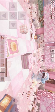 a room filled with lots of pink and white furniture next to a wall covered in pictures