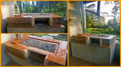 four different views of an outdoor grill made out of concrete blocks and bricks, with trees in the background