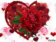 a heart - shaped arrangement of red roses and hearts on a valentine's day card