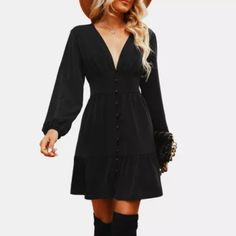 Women's Plunge Neck Button Loop Mini Dress V-neck Mini Dress With Button Closure For Date Night, Chic V-neck Dress With Buttons, V-neck Dress With Button Closure For Night Out, Black V-neck Mini Dress With Button Closure, Chic Fitted V-neck Dress With Buttons, Elegant Mini Dress With Button Closure For Brunch, Chic Spring V-neck Dress With Buttons, Black V-neck Dress With Button Closure, Fall Going Out Dresses With Button Closure