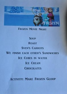 the menu for frozen movie night is displayed next to a computer mouse