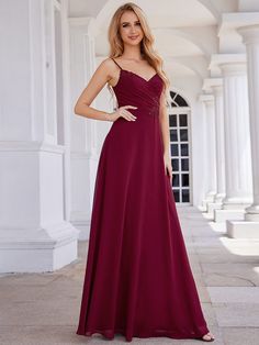 Elegant A-Line Applique Waist Sleeveless Bridesmaid Dress with V-Neck #color_Burgundy Bridesmaid Dresses With Sweetheart Neckline And Delicate Straps, Delicate Straps V-neck Prom Dress, V-neck Prom Dress With Delicate Straps, Prom Dress With Delicate Straps And V-neck, Bridesmaid Dress With Lace Bodice And Spaghetti Straps, Bridesmaid Evening Dress With Spaghetti Straps And Sweep Train, Spaghetti Straps Evening Dress For Bridesmaid Prom Season, Spaghetti Strap Evening Dress For Bridesmaids At Prom, Fitted Bodice Spaghetti Strap Bridesmaid Dress For Prom