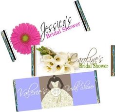 three different business cards with flowers and bride's dresses on them, one for the bridal shower