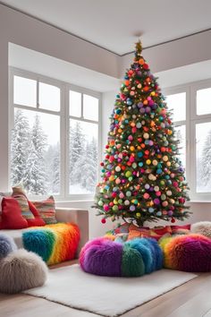 a brightly colored christmas tree in a living room