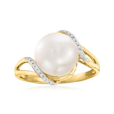 10-10.5mm Cultured Pearl Wave Ring with Diamond Accents in 14kt Yellow Gold | Ross-Simons Tahitian Pearl Ring, Black Agate Ring, Space Rings, White Pearl Ring, Tahitian Pearl Earrings, Cultured Pearl Ring, Timeless Looks, Cultured Pearl Bracelet, Pearl Birthstone